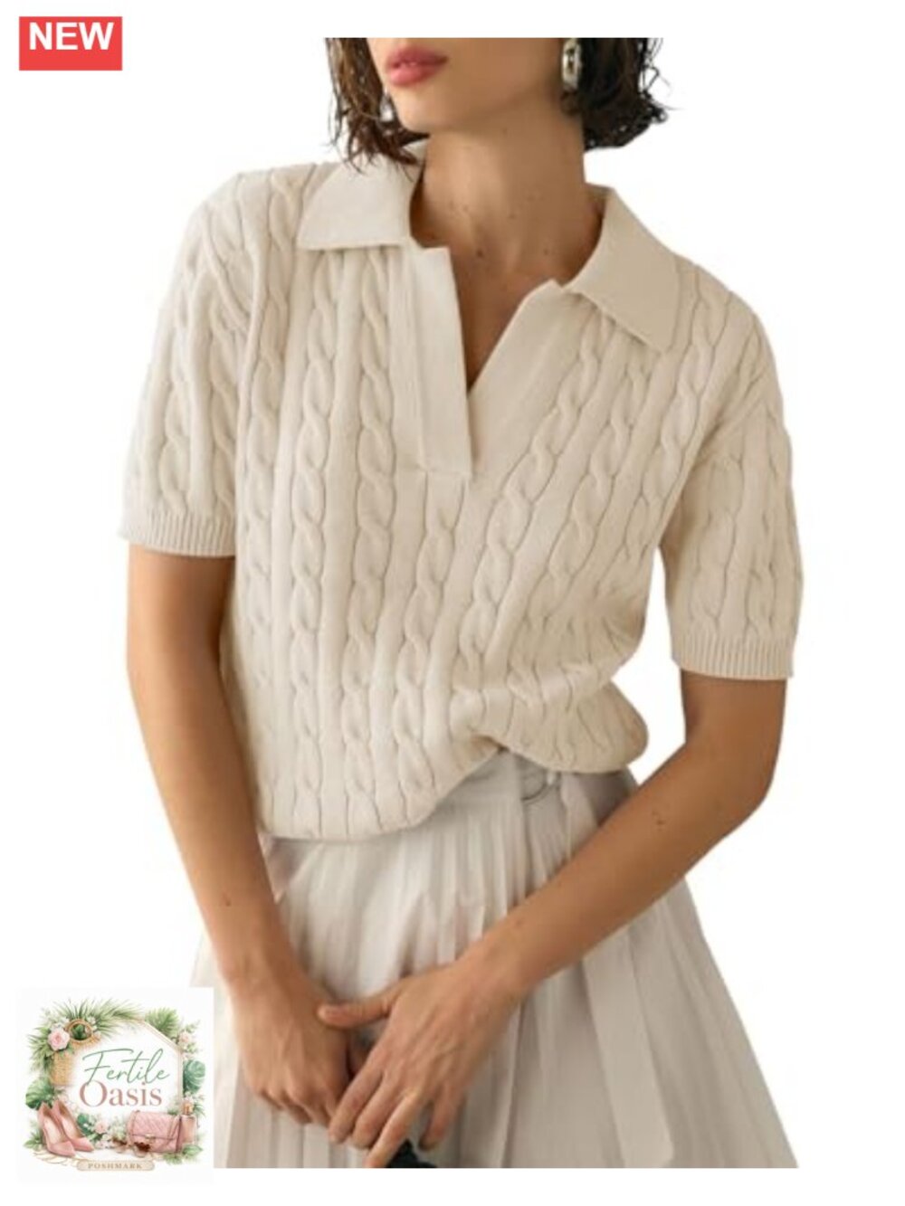 Women's Short Sleeve Cable Knit V-Neck Sweater, Lapel Collar, Loose Fit